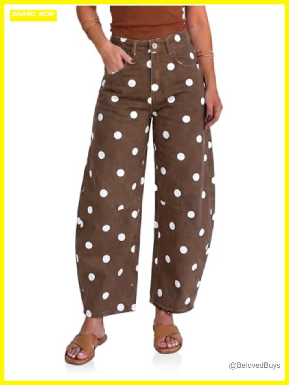 Womens Polka Dot Barrel Jeans Baggy Wide Leg High Rise Stretch Denim Pants